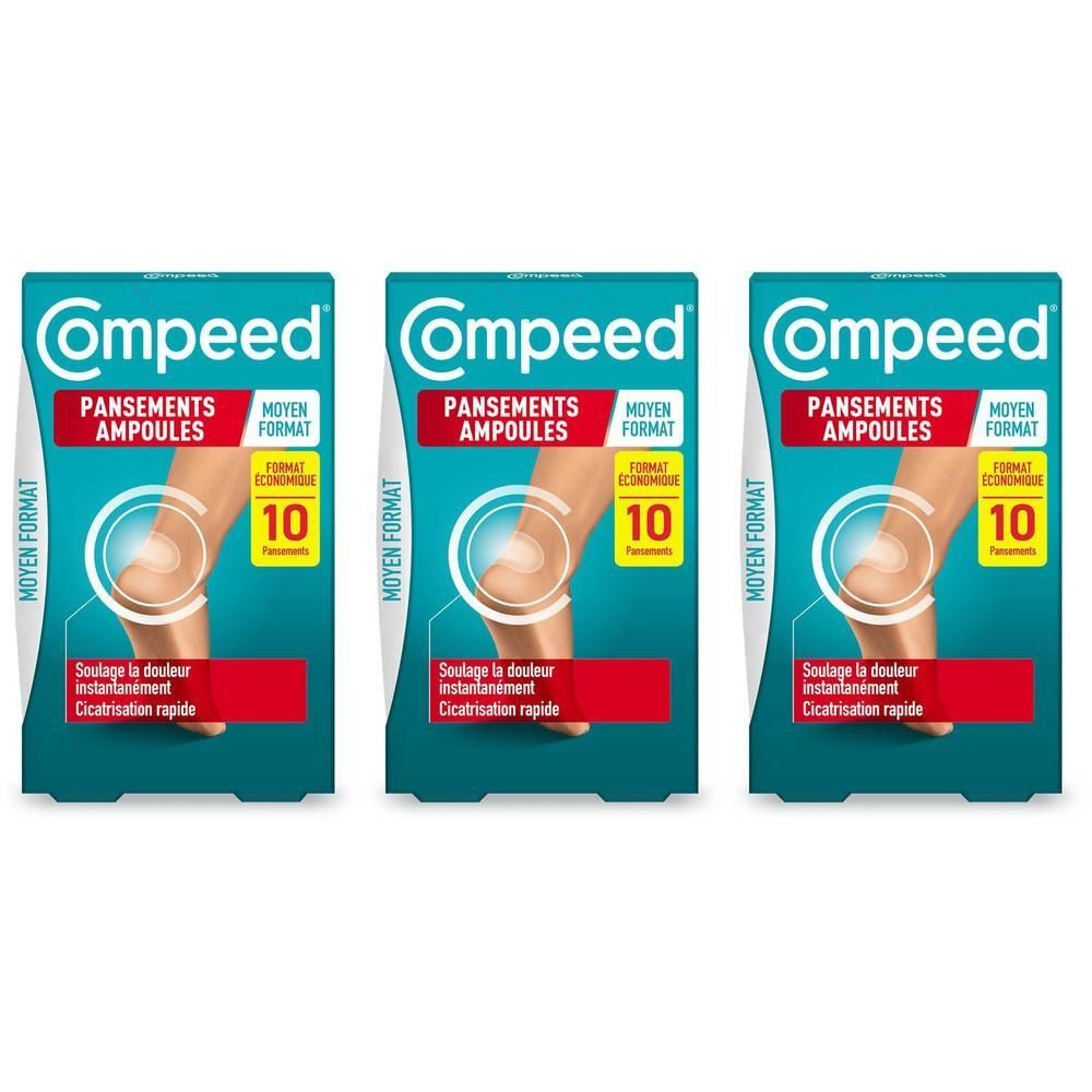 Trois boîtes de Compeed® Pansements Ampoules Moyen Format. Chaque boîte contient 10 pansements.