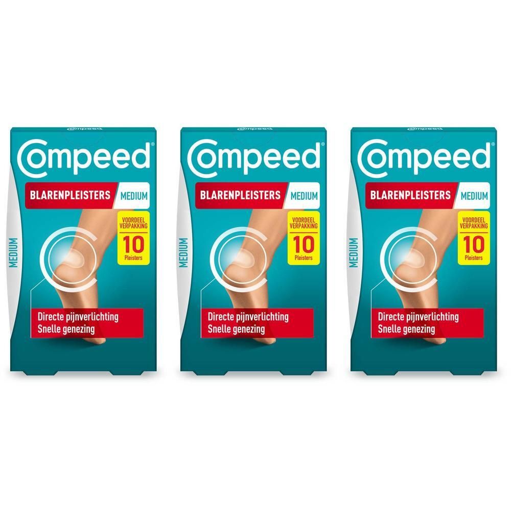 Drie verpakkingen Compeed® Blarenpleisters Medium. Elke verpakking bevat 10 pleisters.