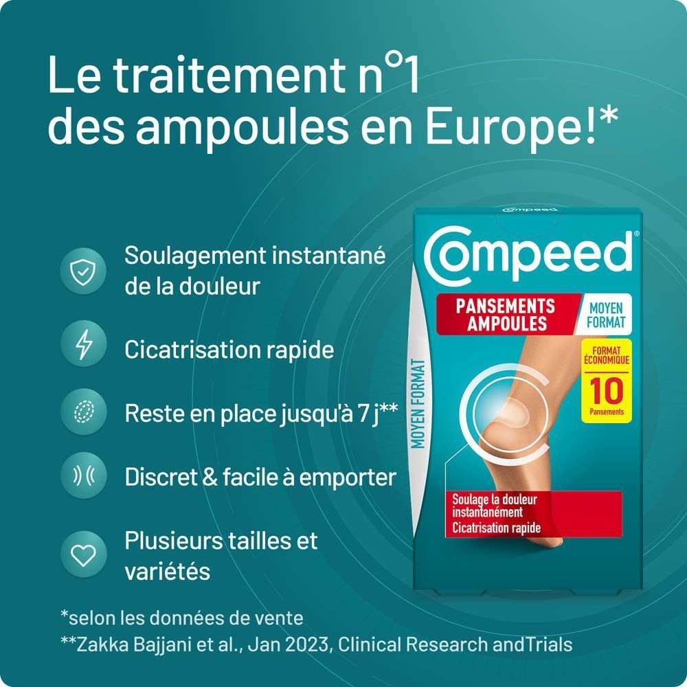 Boîte Compeed®, texte: Traitement n°1 des ampoules en Europe. Caractéristiques: Soulagement, guérison rapide.