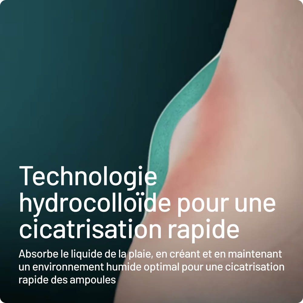 Gros plan d'une ampoule avec pansement. Texte: Technologie hydrocolloïde pour une cicatrisation rapide.
