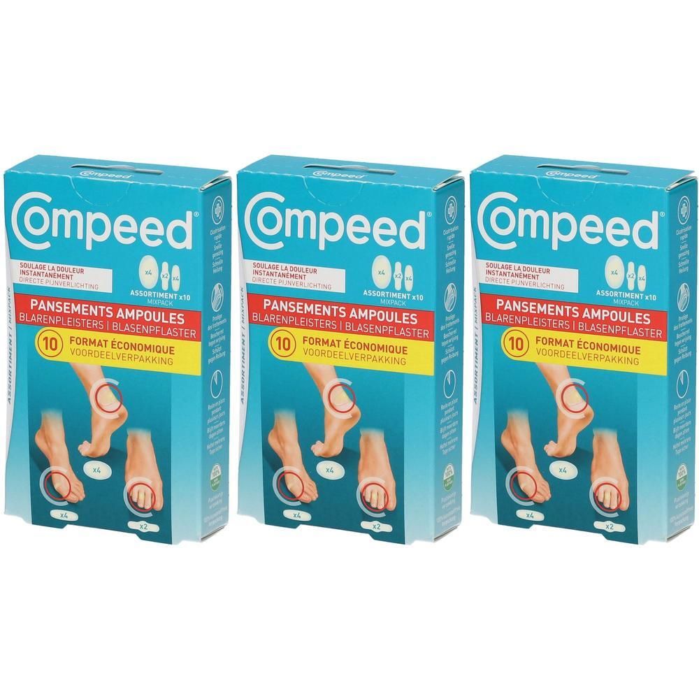 Drie dozen Compeed® blarenpleisters. Blauwe verpakking met productnaam en afbeelding van een voet. 10 pleisters per doos.