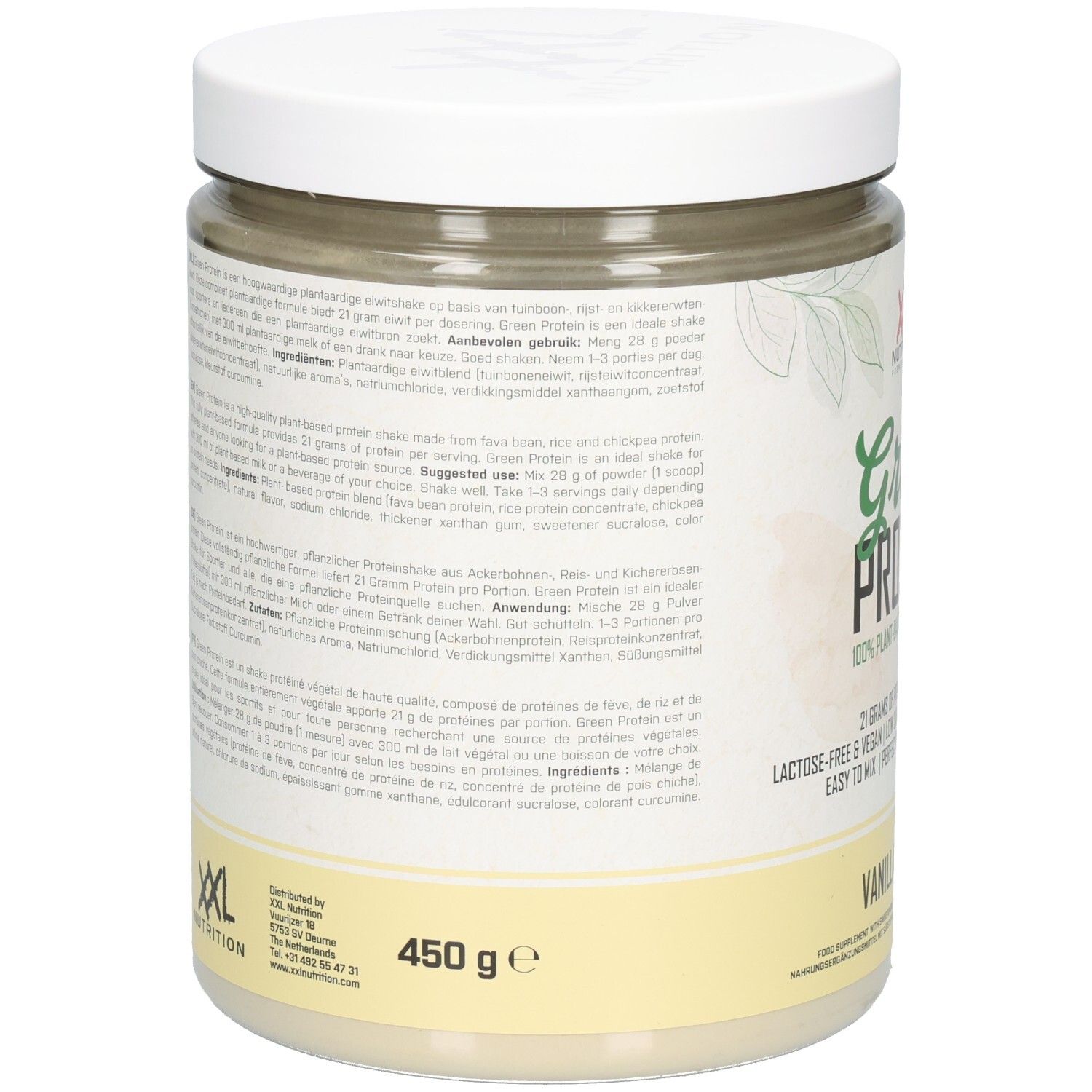 Dos du pot blanc. Texte en plusieurs langues. XXL Nutrition. 450g. Informations sur les ingrédients et l'utilisation.