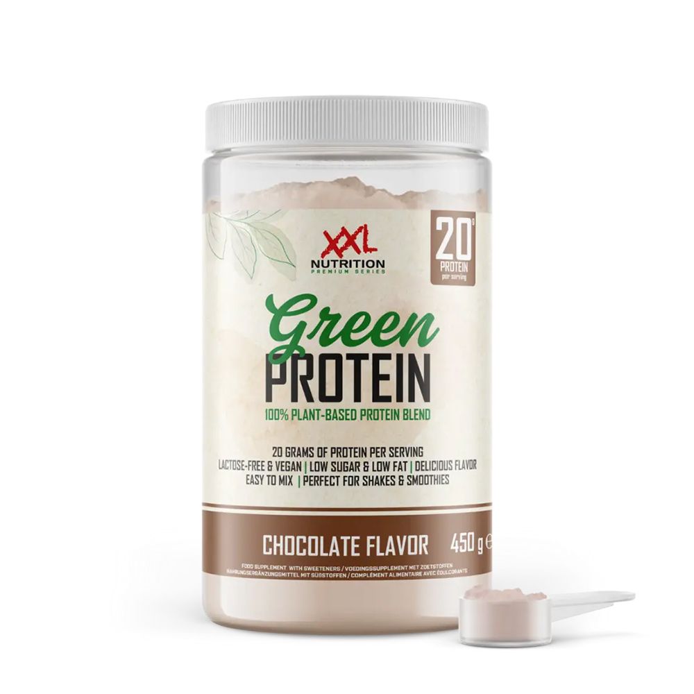 Bruine pot met witte deksel. Green Protein, chocoladesmaak, 450g. Inclusief maatschep. Merk: XXL Nutrition.