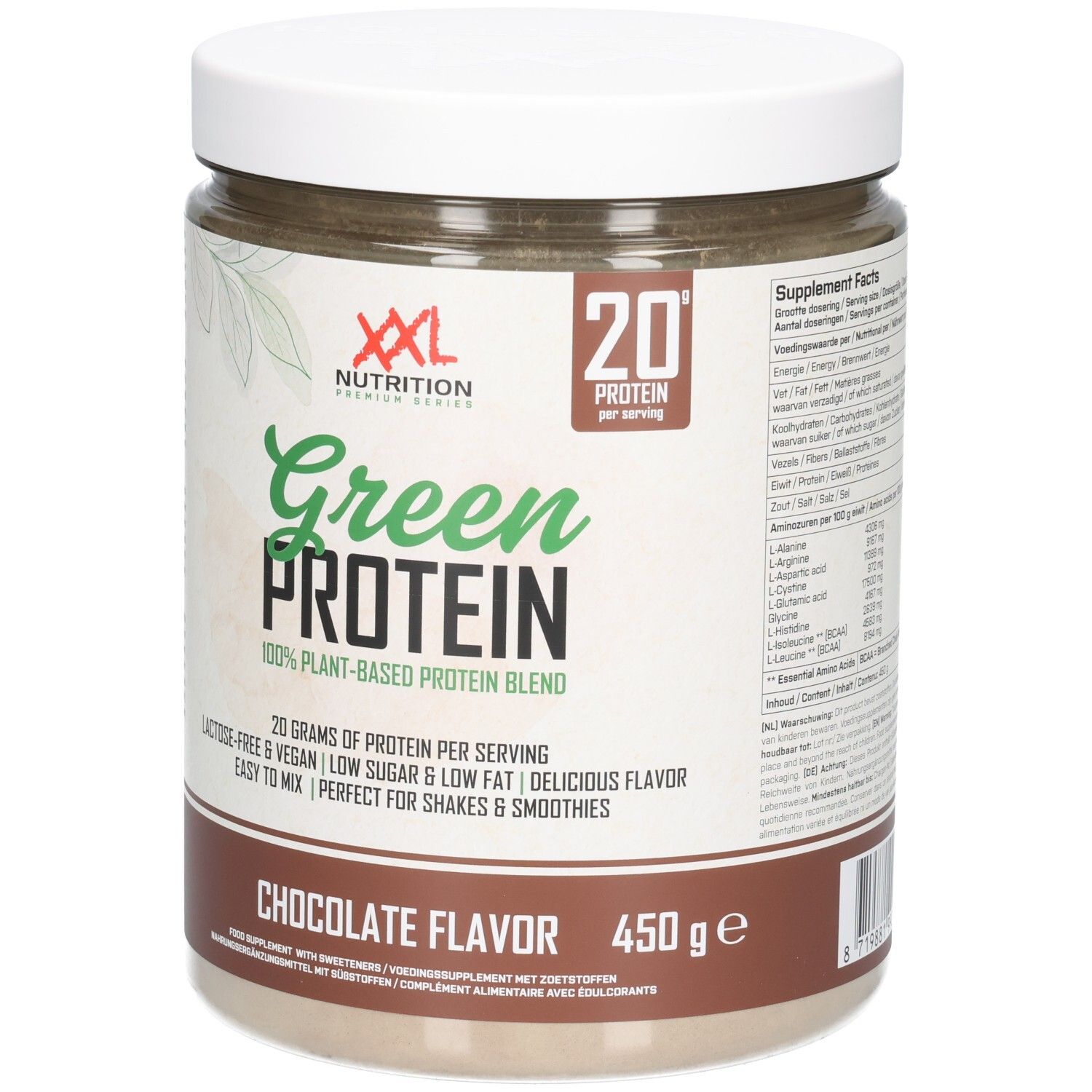 Pot marron à couvercle blanc. Inscription : Green Protein, 100% végétal, goût chocolat, 450g. Marque : XXL Nutrition.