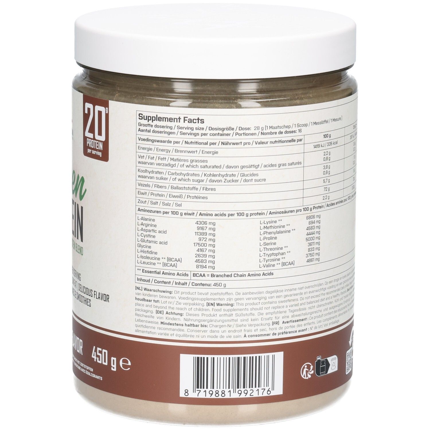 Dos du pot. Tableau nutritionnel, profil des acides aminés. Texte en plusieurs langues. Marque : XXL Nutrition.