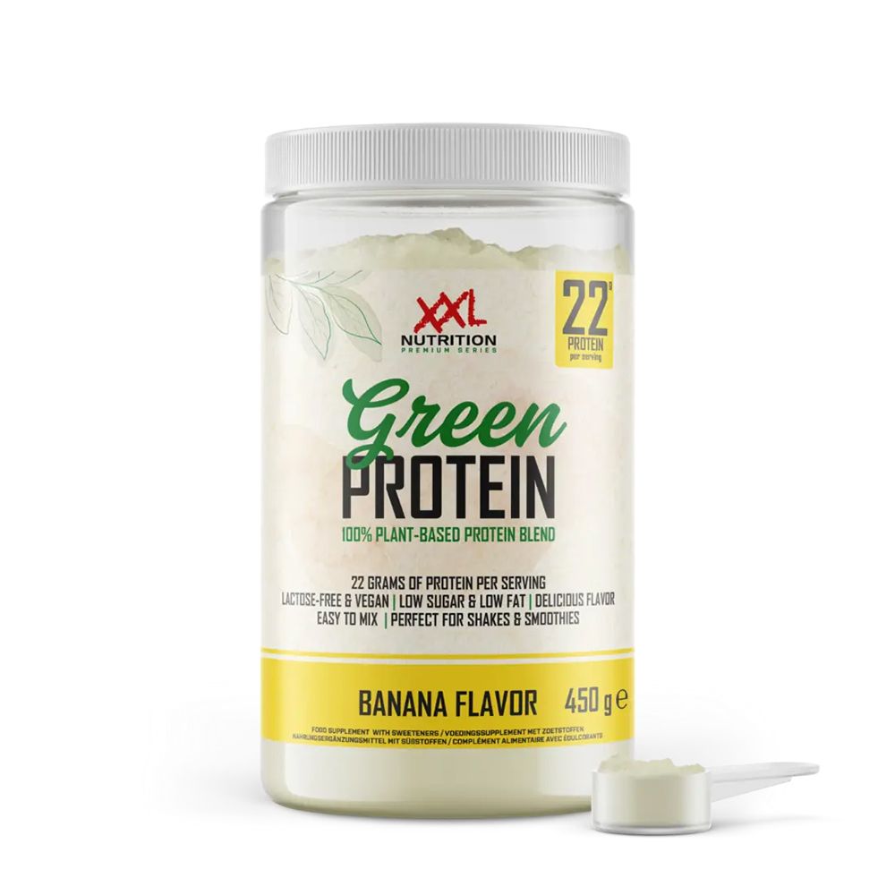 Groene eiwitpoeder in pot. XXL Nutrition, Green Protein, Banaan. 450g. 22g eiwit per portie. Veganistisch, lactosevrij. Met maatlepel.