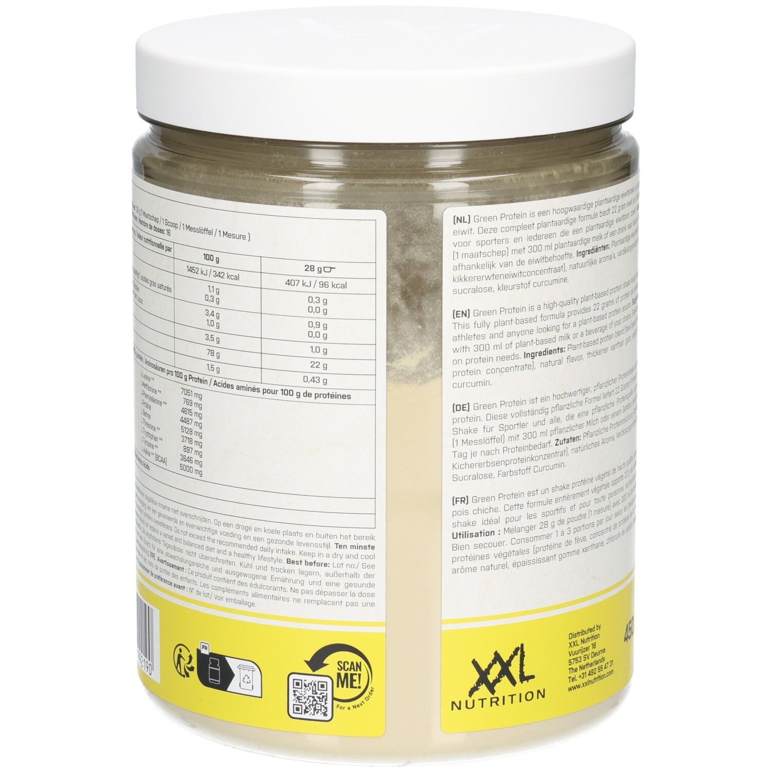 Dos du pot de poudre de protéine verte. XXL Nutrition, Green Protein. Informations nutritionnelles, ingrédients, mode d'emploi.