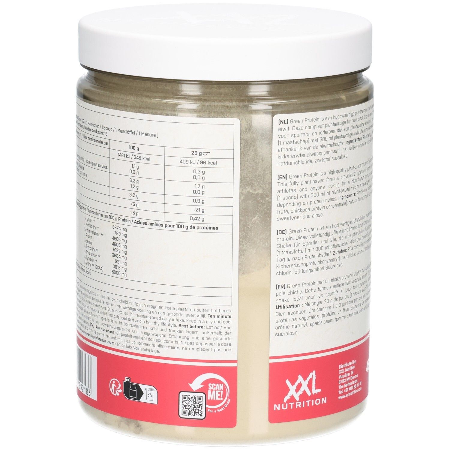 Dos du pot avec informations nutritionnelles et code QR. Marque: XXL Nutrition.