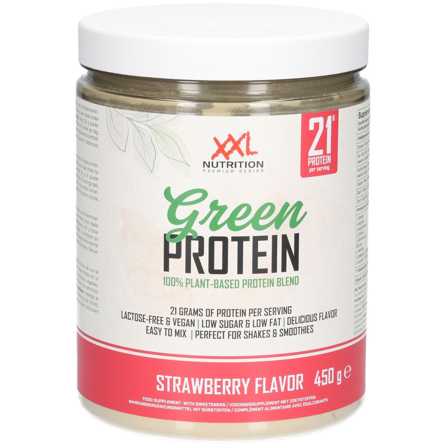 Pot rond avec couvercle blanc et étiquette rouge. Inscription: Green Protein, saveur fraise, 450g. Marque: XXL Nutrition.
