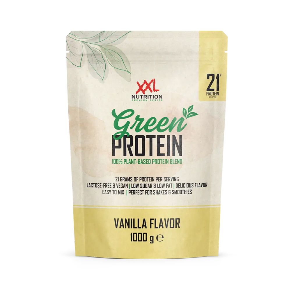 Zak XXL Nutrition Green Protein Vanille. Opschrift: Green Protein, 100% plantaardige eiwitmix, vanillesmaak, 1000 g.
