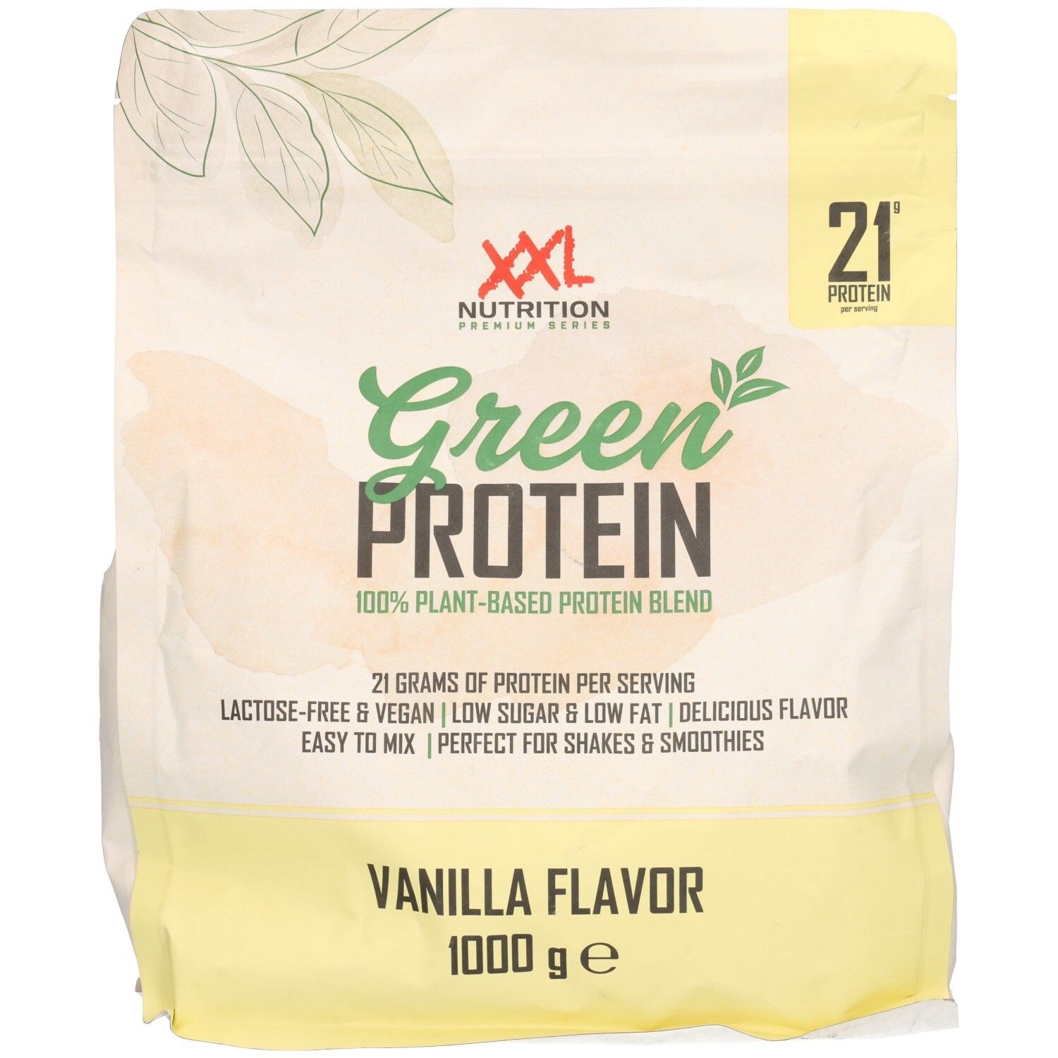Sachet de Green Protein Vanille XXL Nutrition. Inscription : Green Protein, mélange de protéines 100% végétales, saveur vanille, 1000 g.