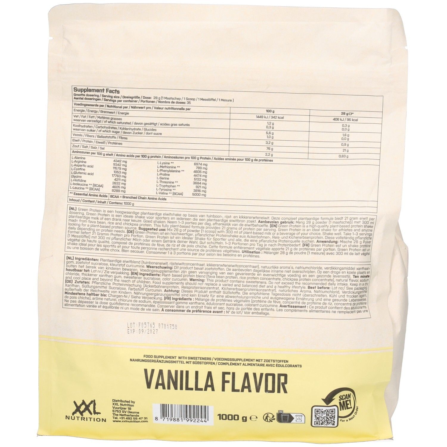 Dos du sachet de Green Protein Vanille. Contient informations nutritionnelles, liste d'ingrédients et code QR. Marque : XXL Nutrition, 1000 g.