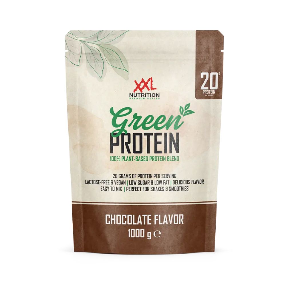 Zak Green Protein. Opschrift: Green Protein, 100% plantaardige eiwitmix, chocoladesmaak, 1000 g.