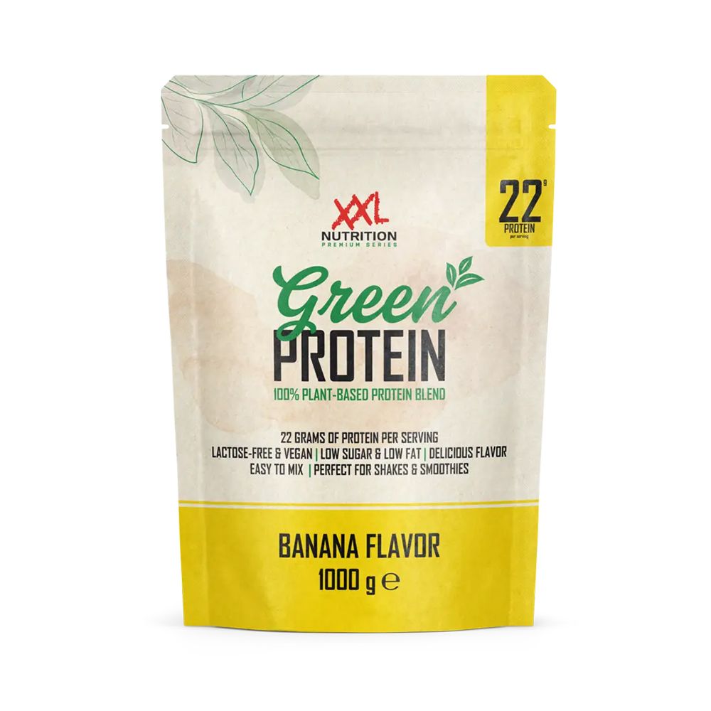 Zak XXL Nutrition Green Protein Banaan. Opschrift: Green Protein, 100% plantaardige eiwitmix, 22g eiwit per portie, bananensmaak, 1000 g.