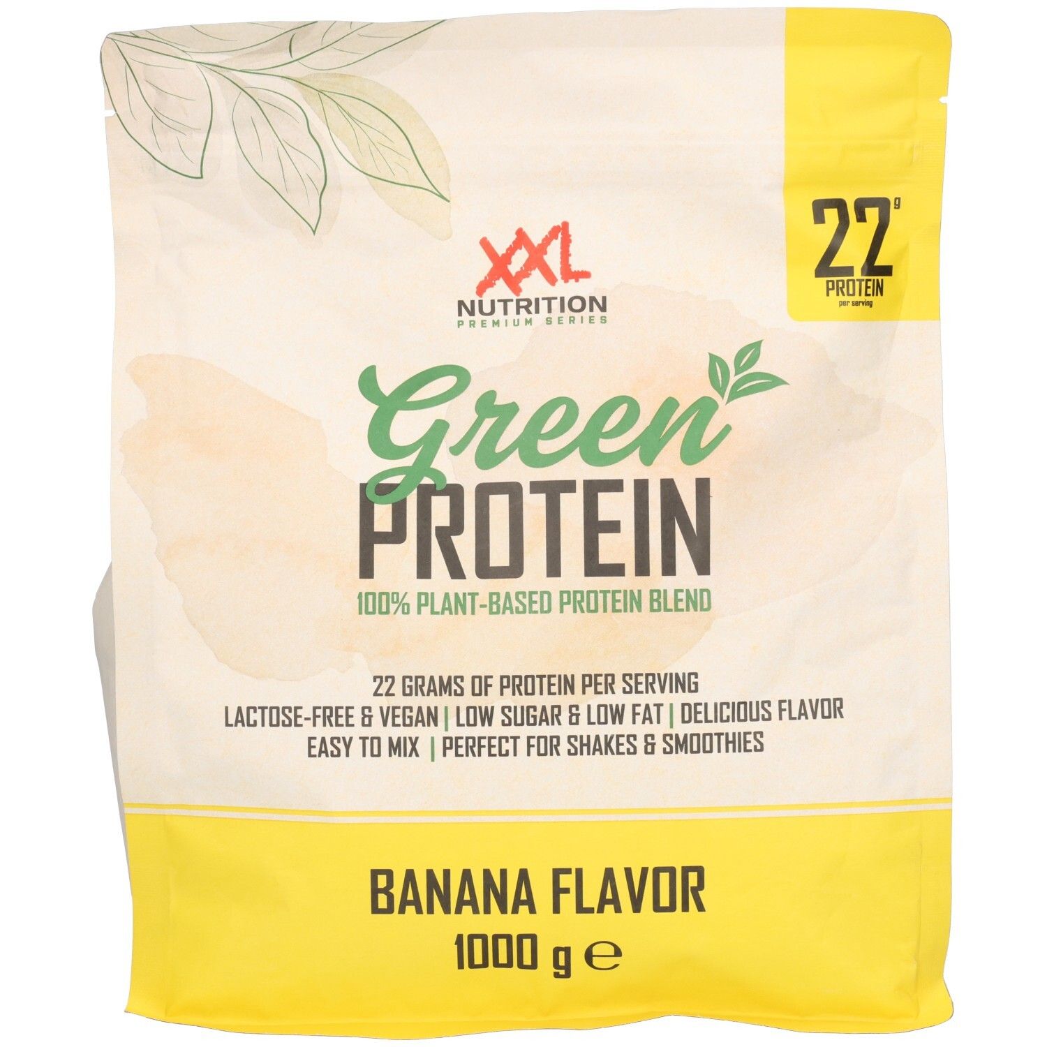 Sachet de Green Protein Banane XXL Nutrition. Inscription : Green Protein, mélange de protéines 100% végétal, 22g de protéines par portion, saveur banane.