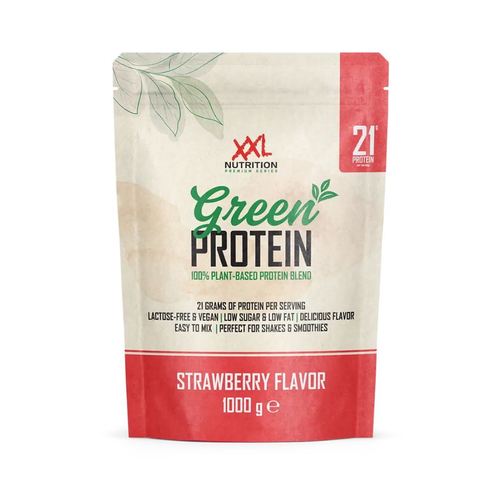 Zak Green Protein Fraise. Opschrift: Green Protein, 100% plantaardige eiwitmix, aardbeiensmaak, 1000 g.
