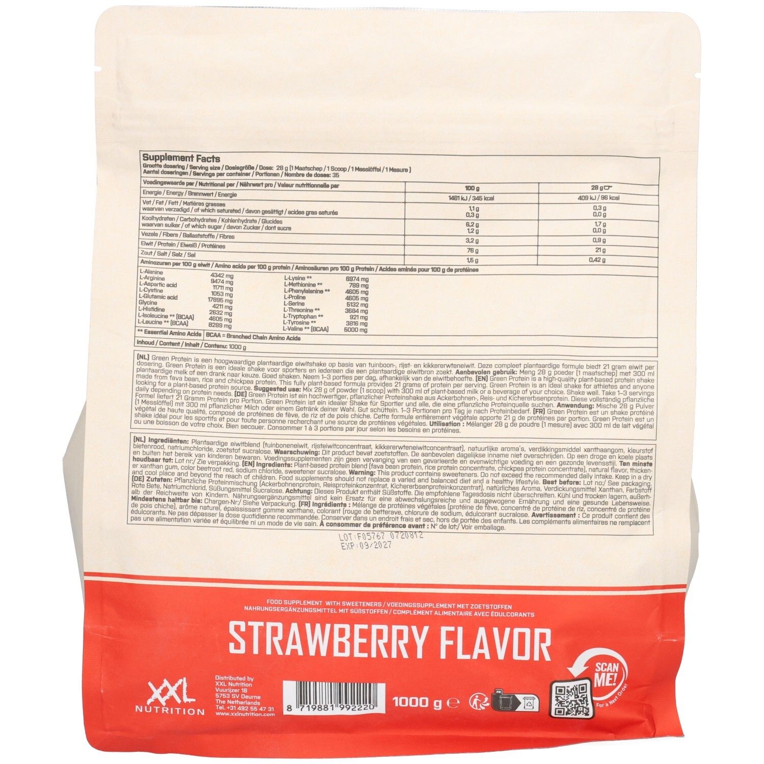 Dos du sachet de Green Protein Fraise. Contient des informations nutritionnelles, une liste d'ingrédients et des informations sur le produit.