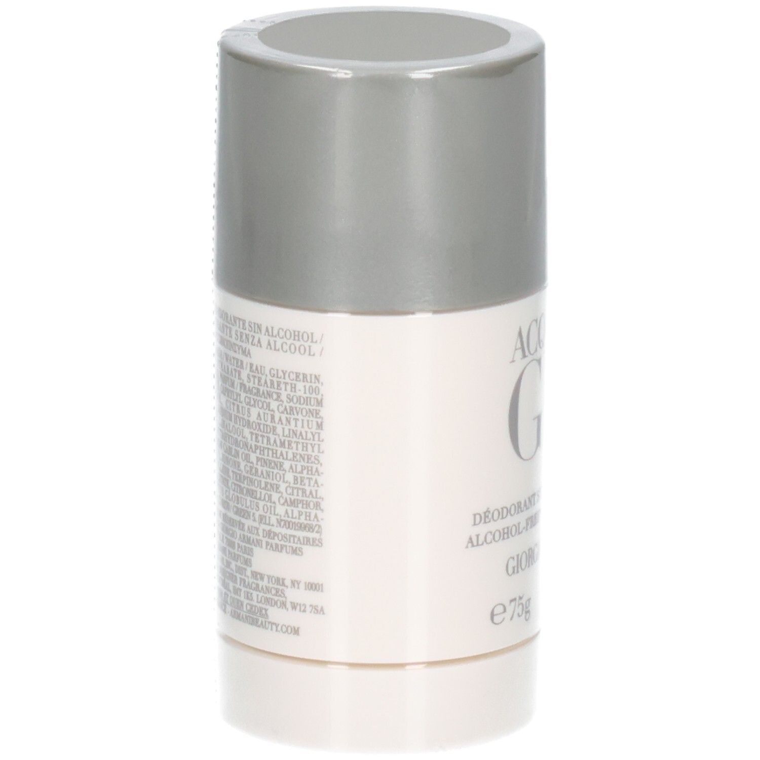 Giorgio Armani Acqua Di Gio Deodorant Stick, 75g. Achterkant met ingrediëntenlijst.