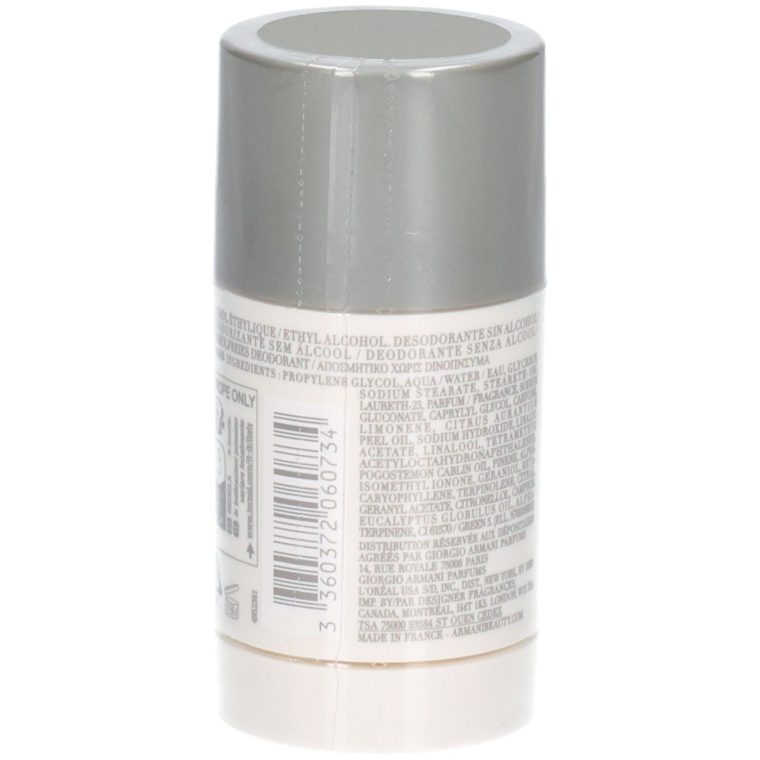 Giorgio Armani Acqua Di Gio Deodorant Stick, 75g. Achterkant met barcode en ingrediënten.