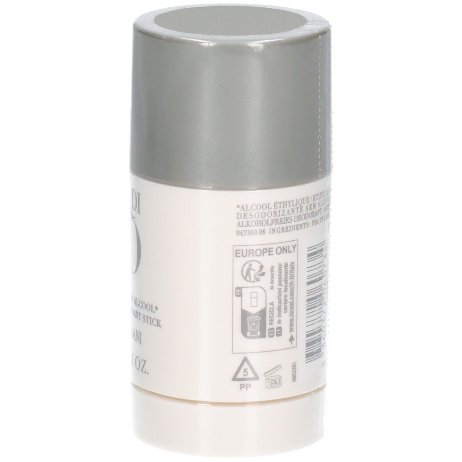 Giorgio Armani Acqua Di Gio Deodorant Stick, 75g. Zijaanzicht met symbolen en tekst.