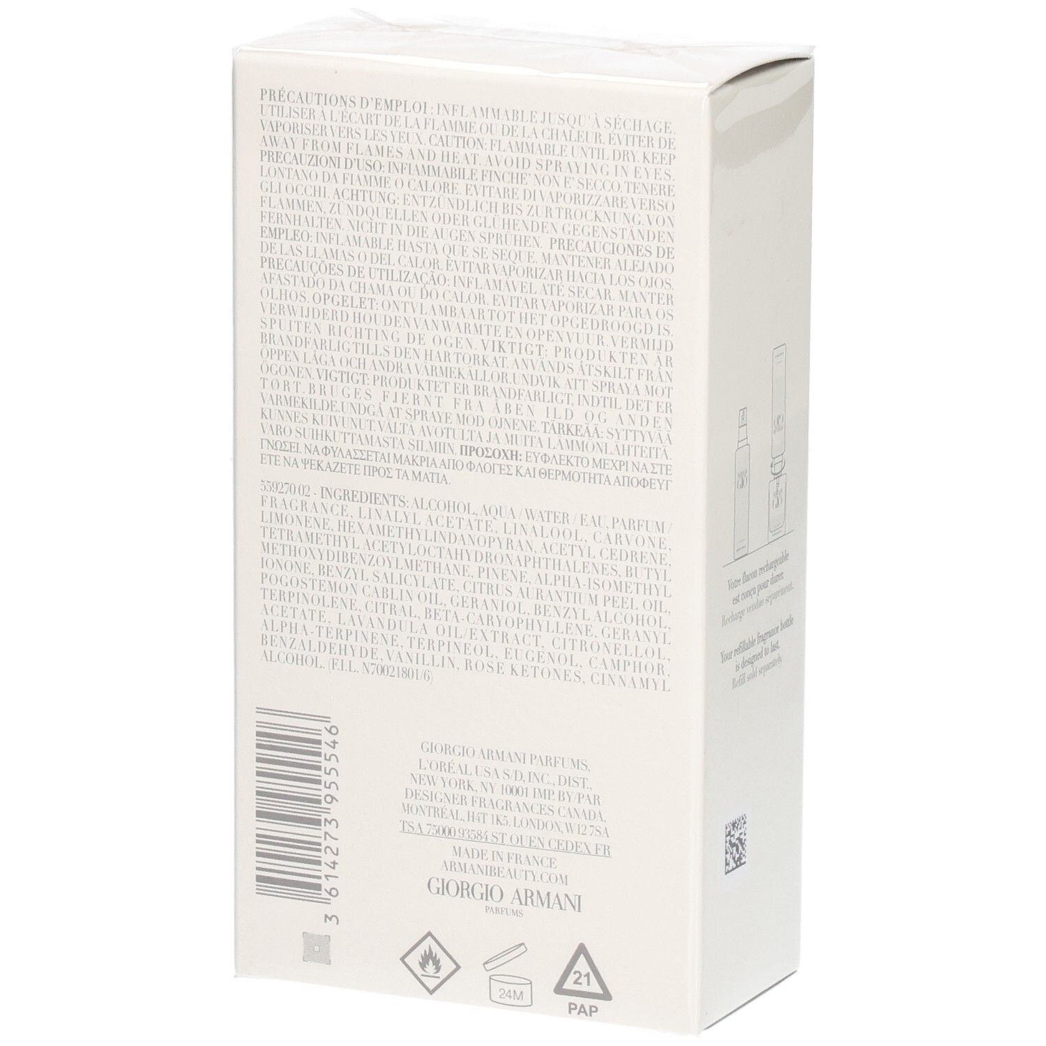 Achterkant van de verpakking met ingrediëntenlijst en waarschuwingen in meerdere talen.