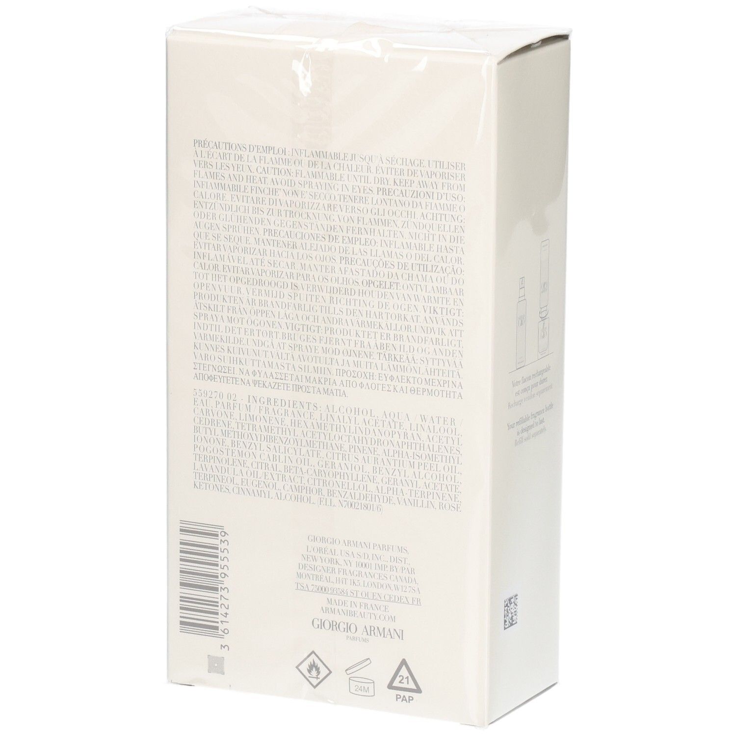 Achterkant van de Giorgio Armani Acqua Di Giò Pour Homme Eau de Toilette verpakking met ingrediënten en symbolen.