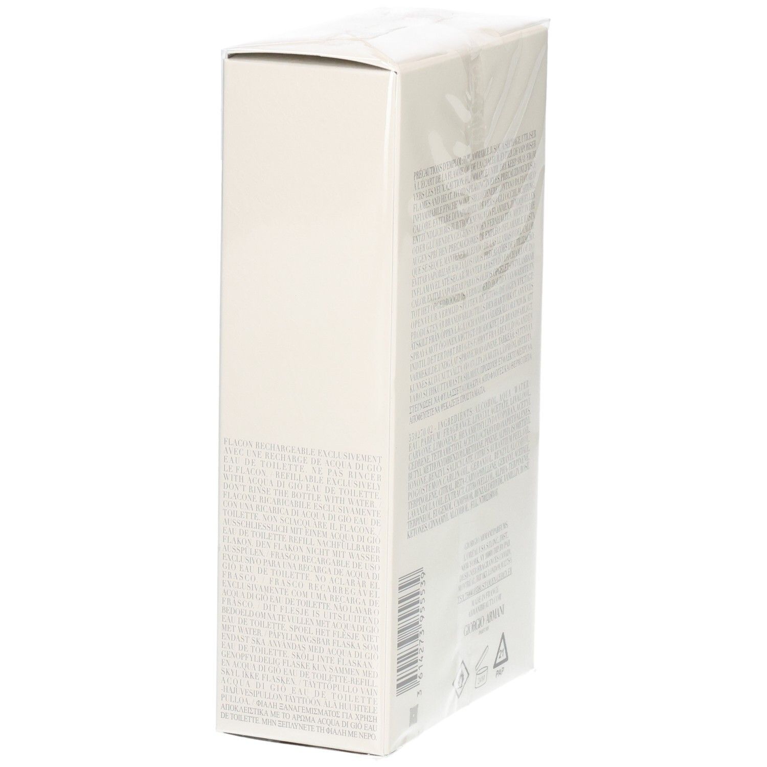 Zijkant van de Giorgio Armani Acqua Di Giò Pour Homme Eau de Toilette verpakking met tekst en barcode.