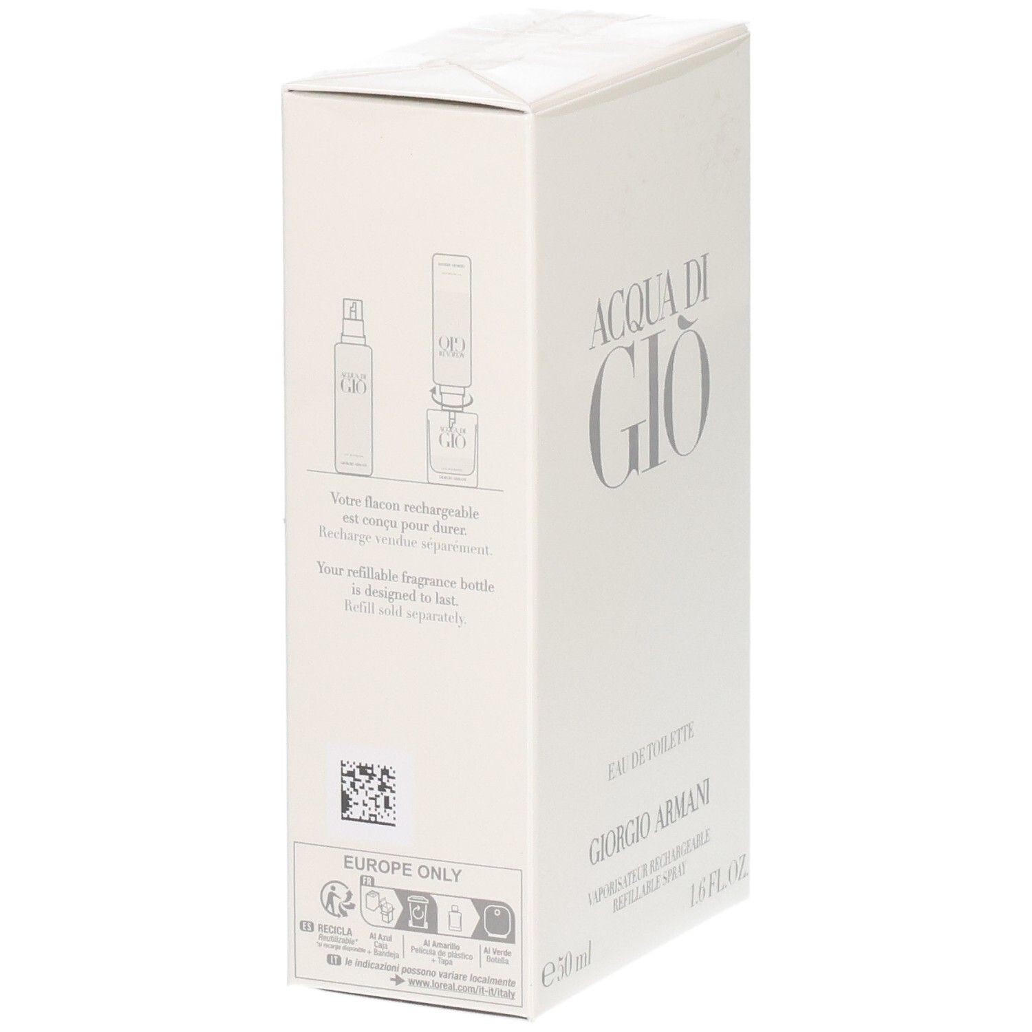 Emballage montrant comment recharger le vaporisateur Giorgio Armani Acqua di Giò.