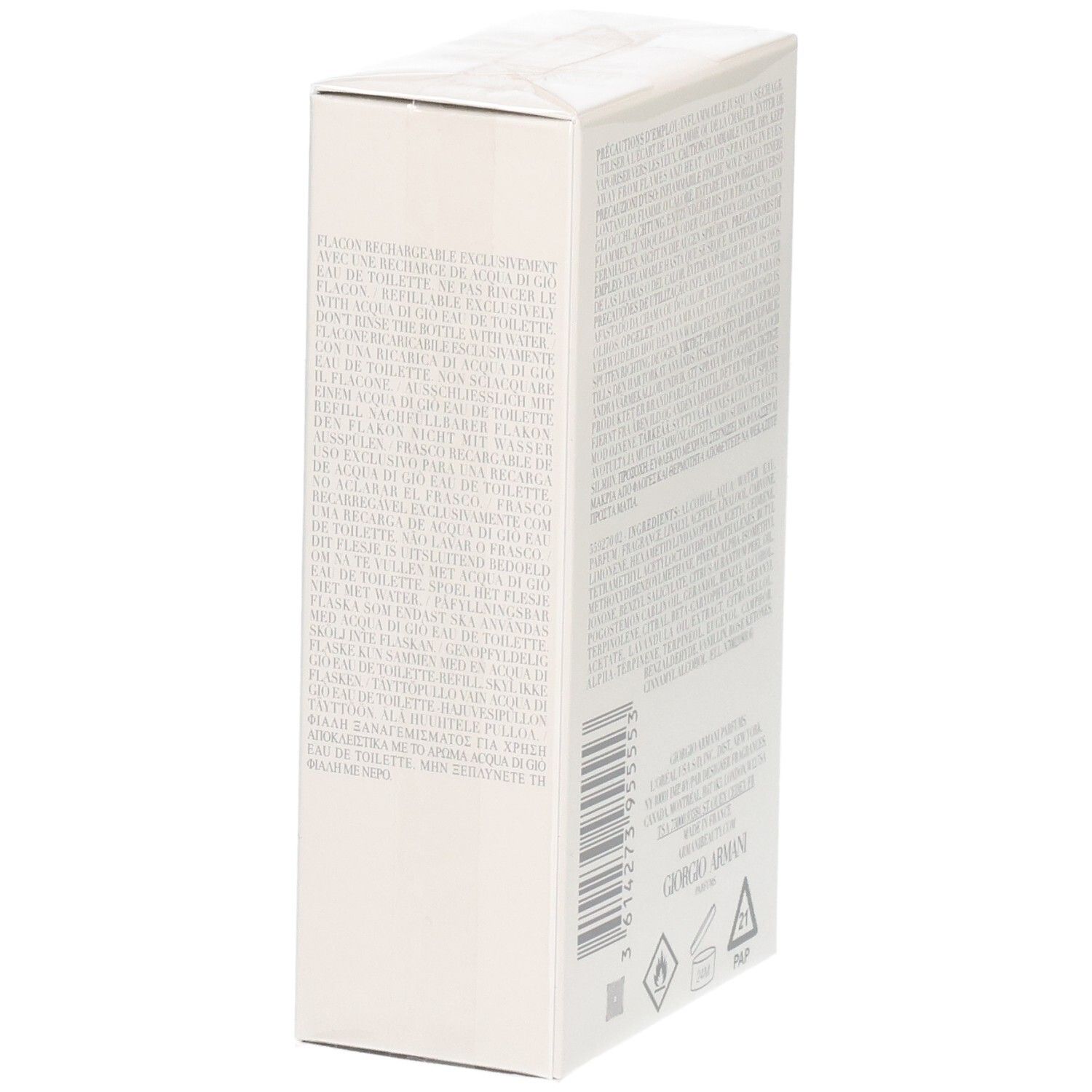 Côté de l'emballage Giorgio Armani Acqua di Giò Eau de Toilette avec avertissements et code-barres.