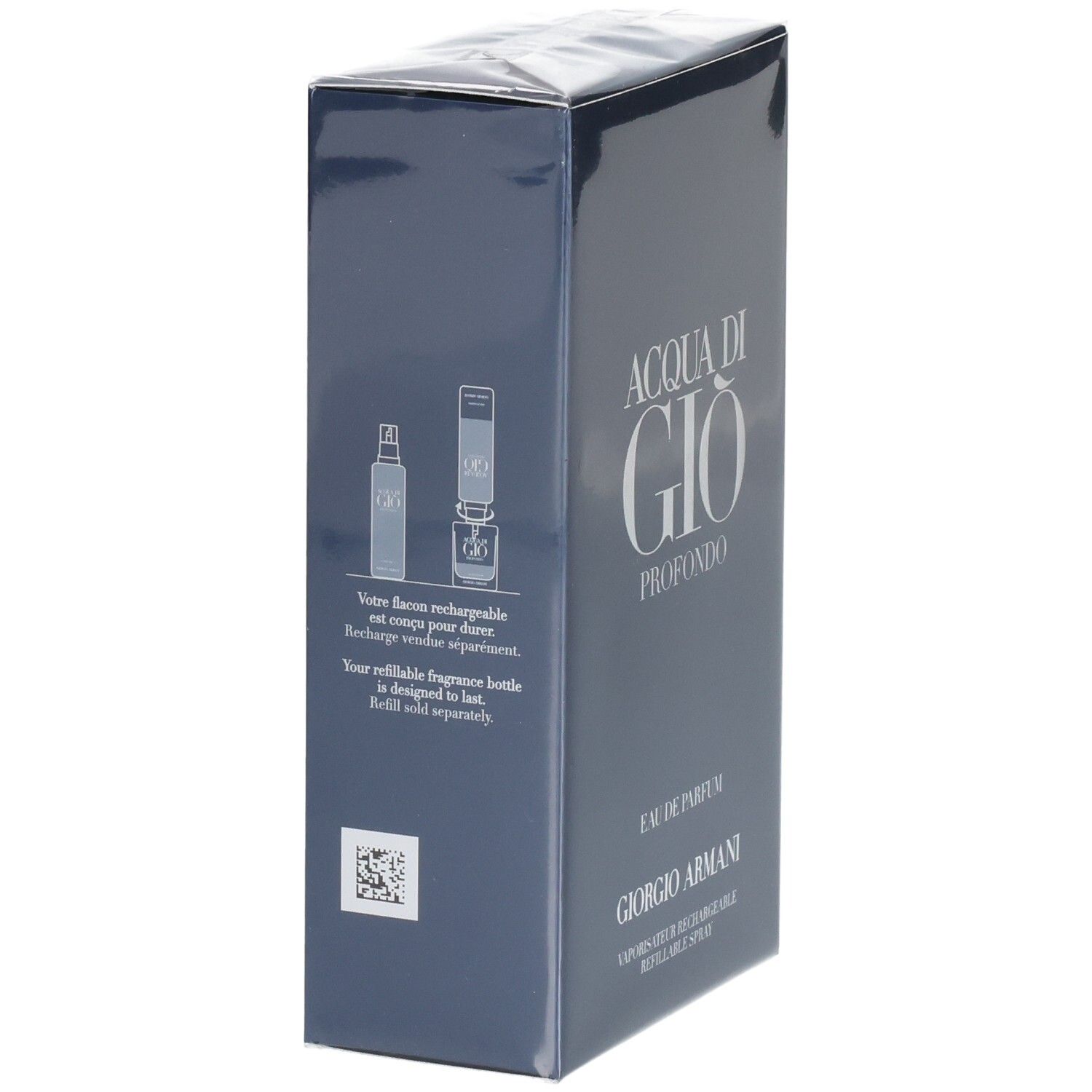 Côté de l'emballage Giorgio Armani Acqua di Gio Profondo Eau de Parfum avec indication de recharge.