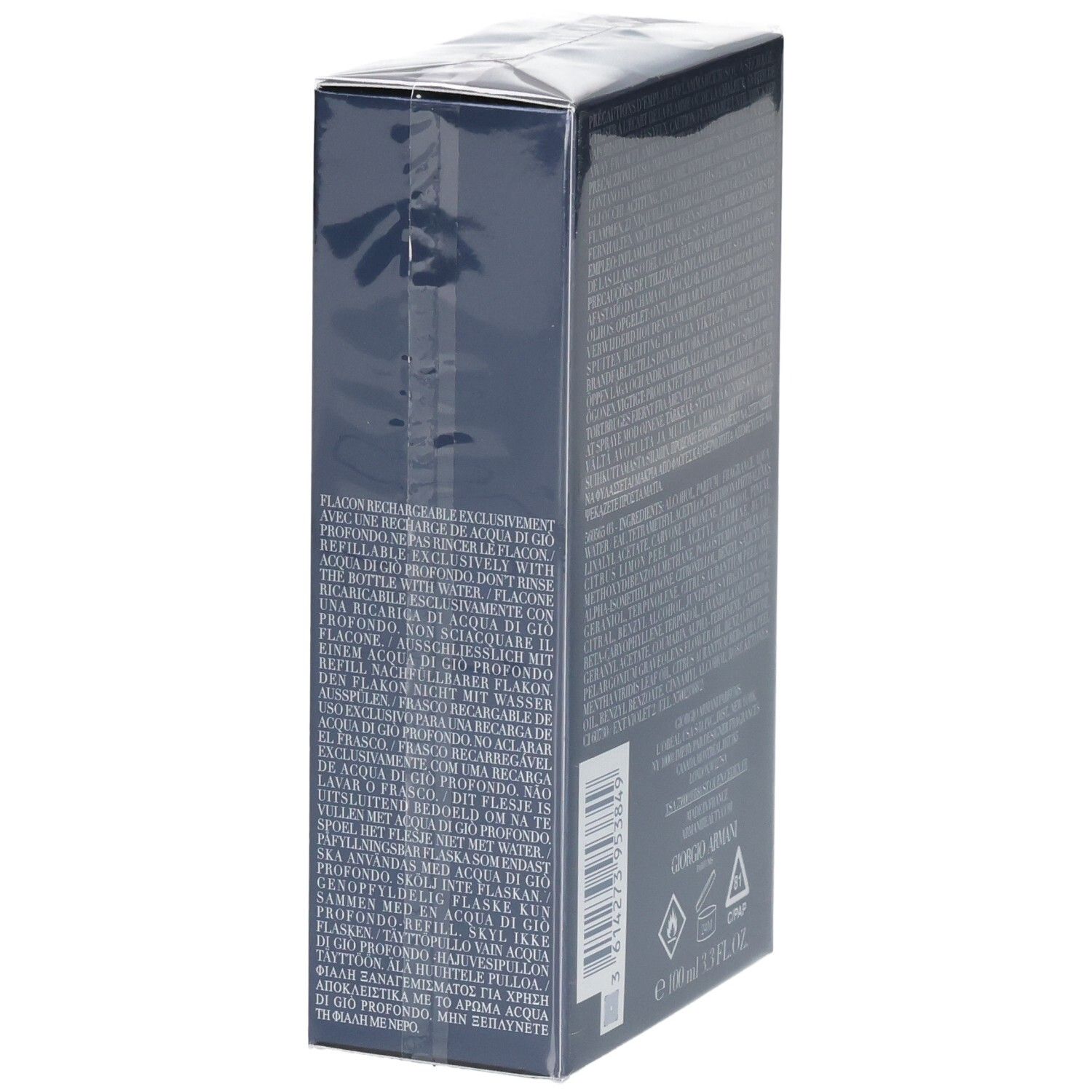 Côté de l'emballage Giorgio Armani Acqua di Gio Profondo Eau de Parfum avec indication de recharge.