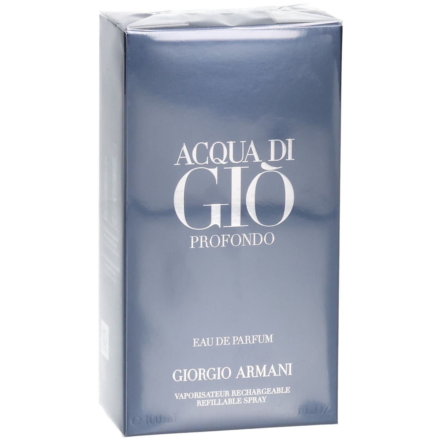 Emballage Giorgio Armani Acqua di Gio Profondo Eau de Parfum, vu de trois quarts avant.