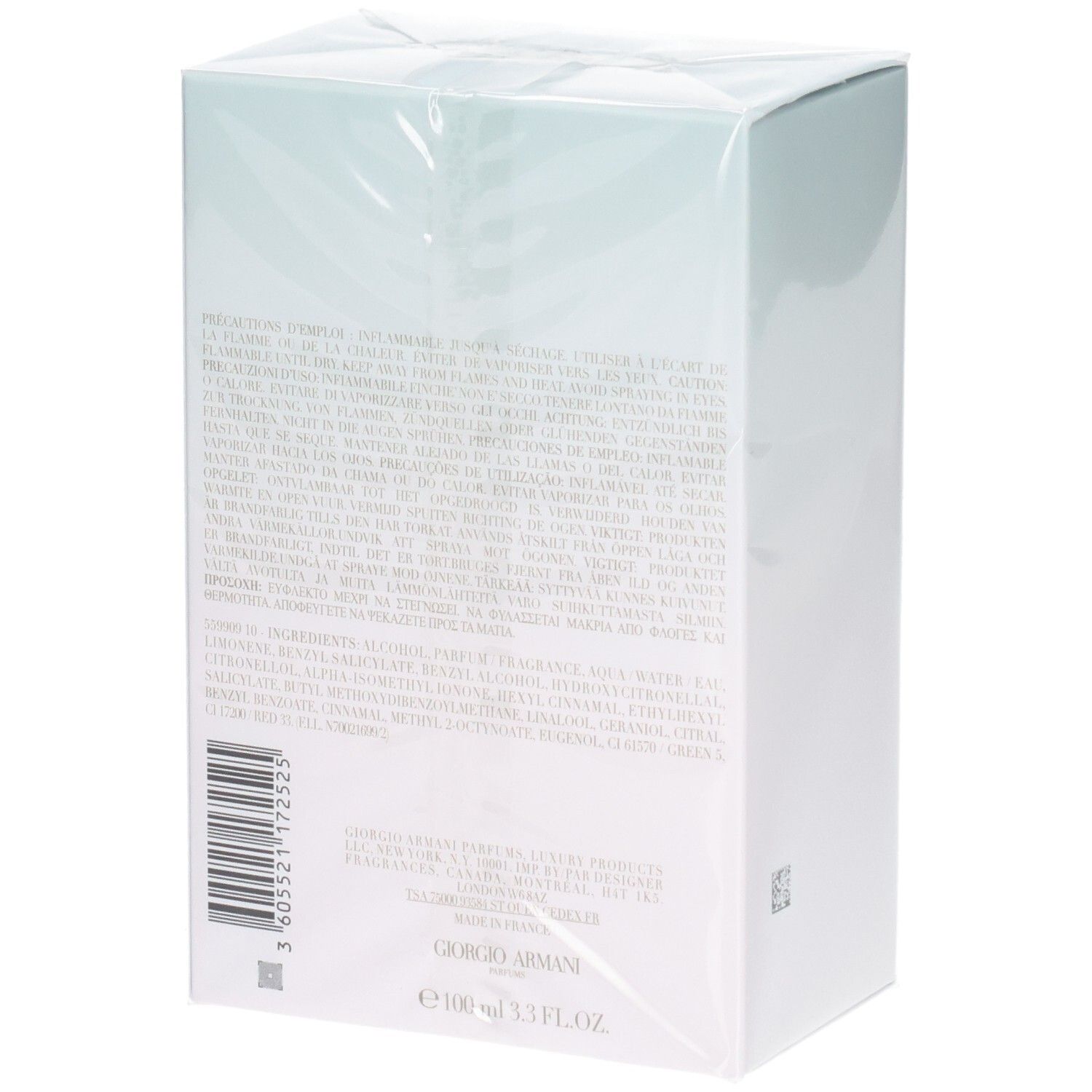 Giorgio Armani Acqua di Gioia Eau de Parfum verpakking, achterkant met ingrediënten en barcode.