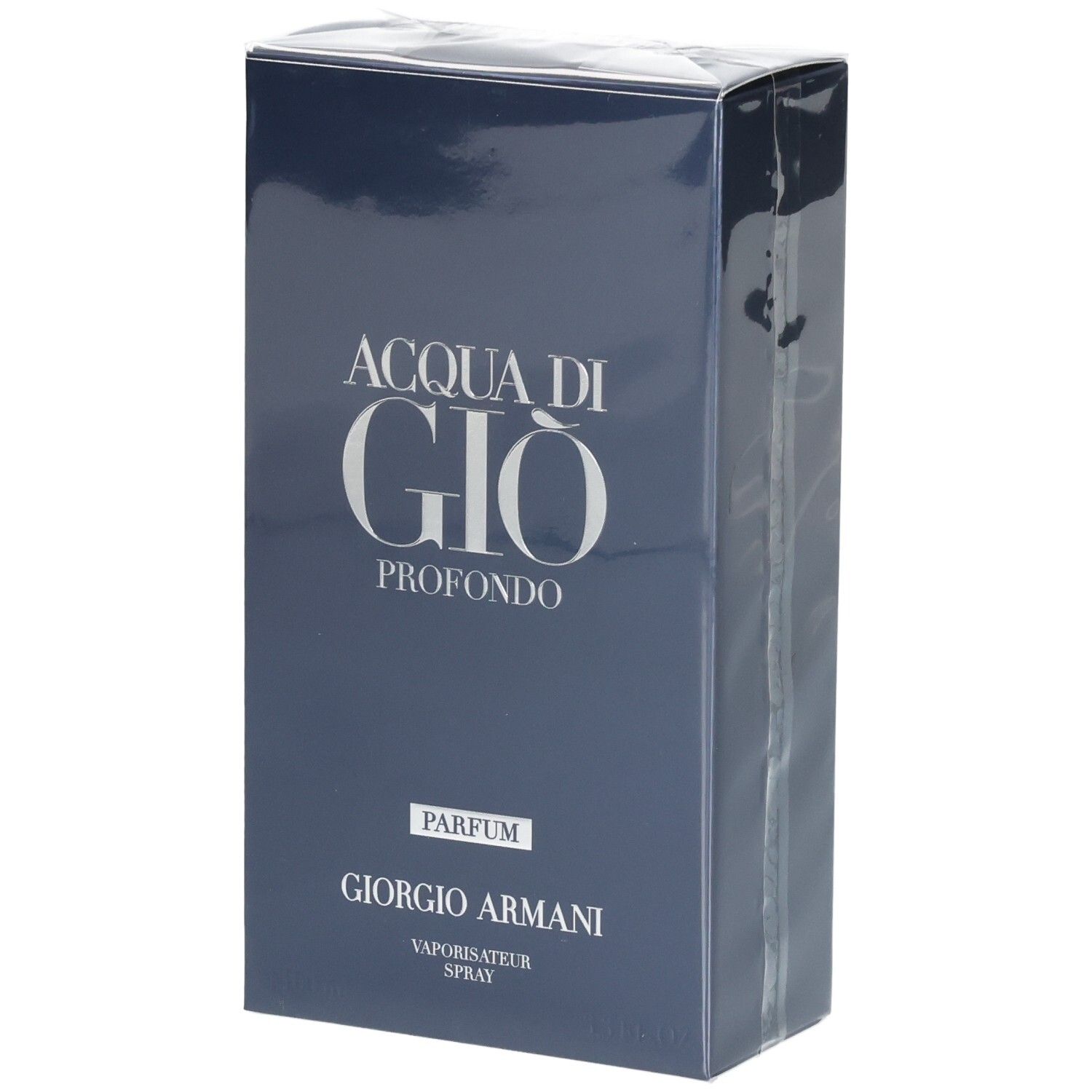 Giorgio Armani Acqua di Gio Profondo Parfum, emballage bleu foncé avec inscription argentée.