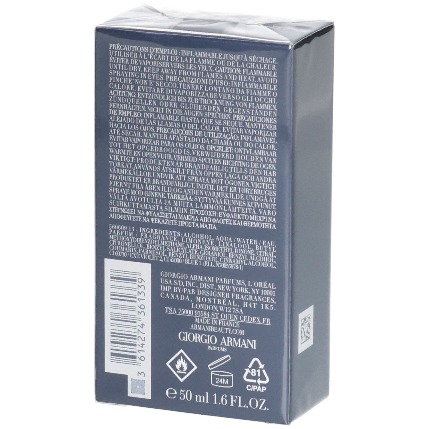 Achterkant van de verpakking Giorgio Armani Acqua Di Gio Profondo Eau de Toilette met ingrediënten en barcode.