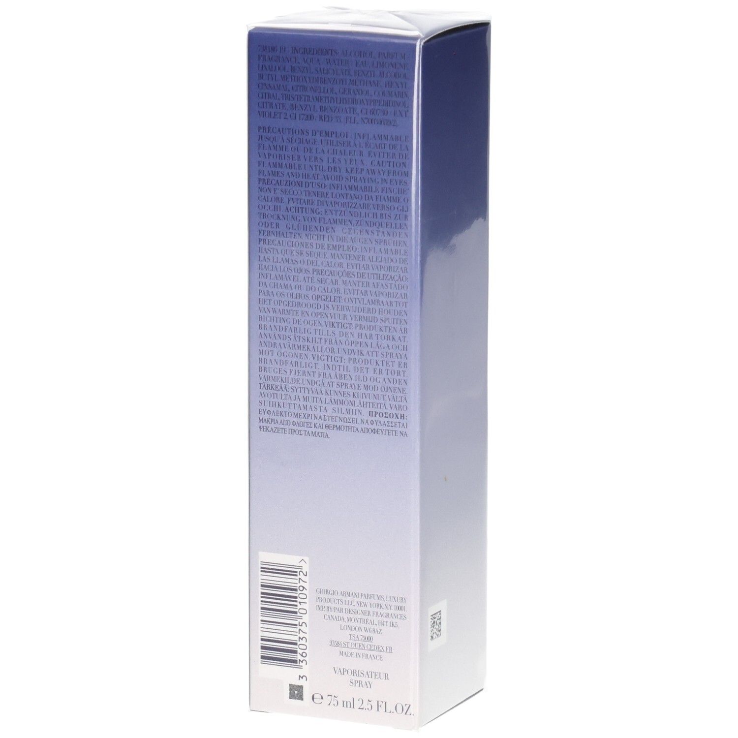 Arrière de l'emballage de Armani Code Pour Femme E.d.P. Nat. Spray, 75ml.