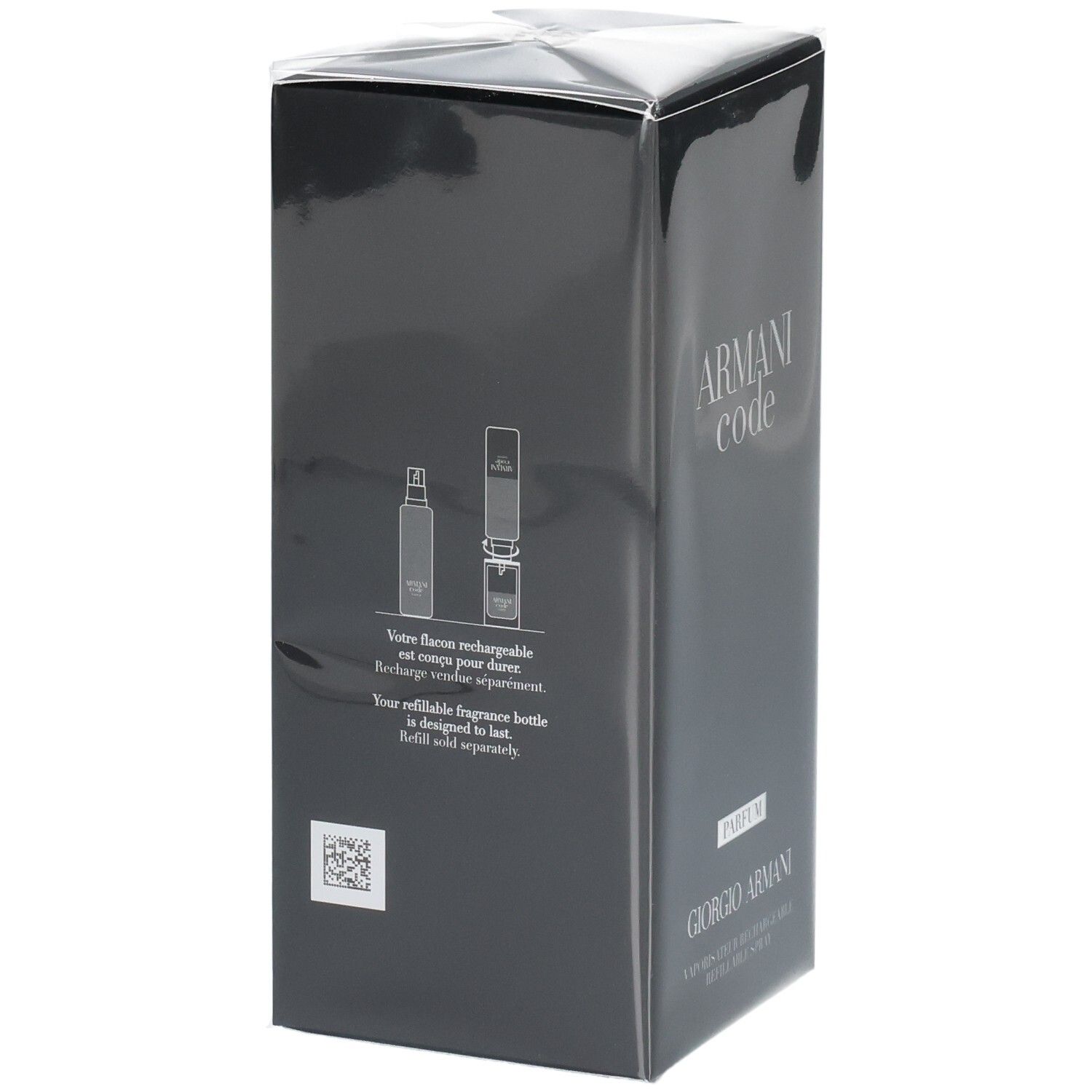 Verpakking Armani Code Eau de Parfum. Toont een navulbare fles.