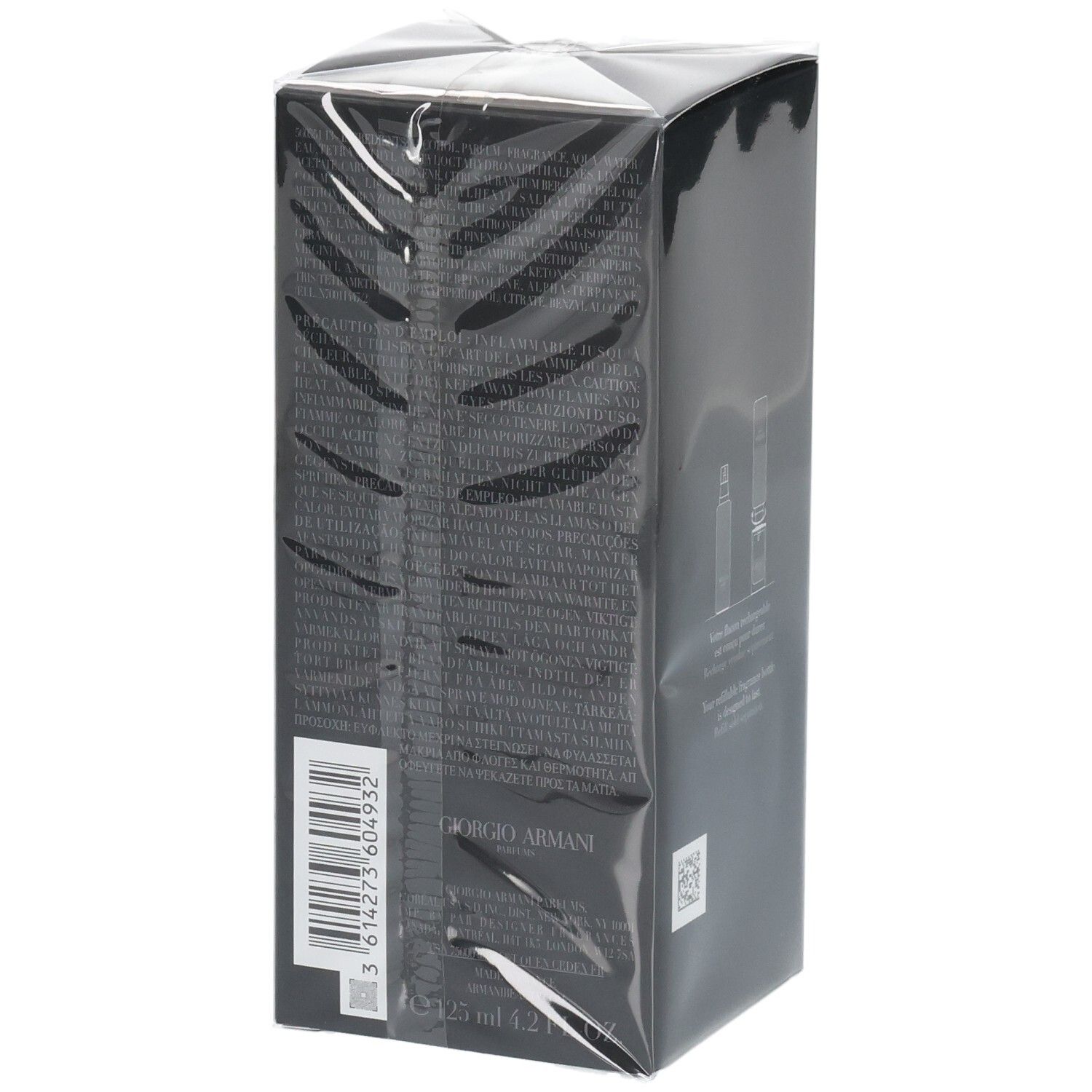 Giorgio Armani parfumverpakking, zwart, met barcode en tekst.