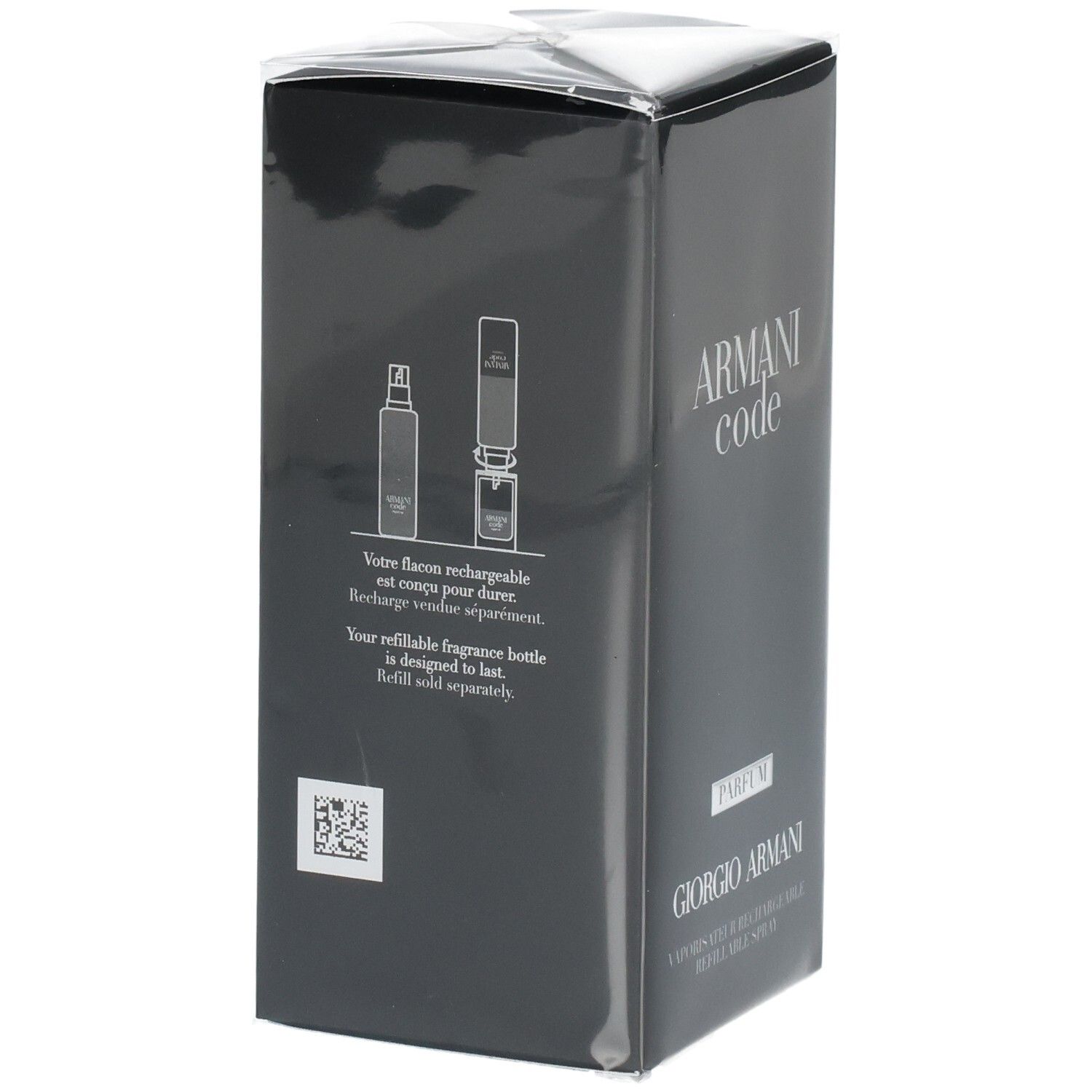 Arrière de l'emballage Giorgio Armani Armani Code Parfum avec instructions de recharge.