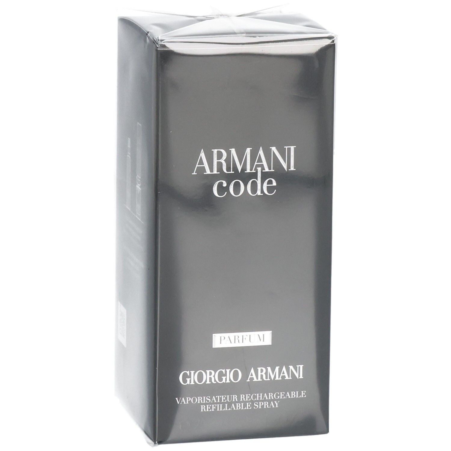Avant de l'emballage Giorgio Armani Armani Code Parfum, légèrement en biais.