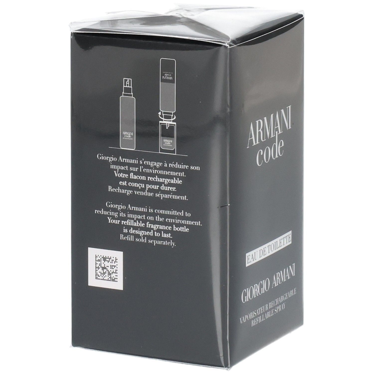 Achterkant van de verpakking van Armani Code Eau de Toilette, met navulinstructies.