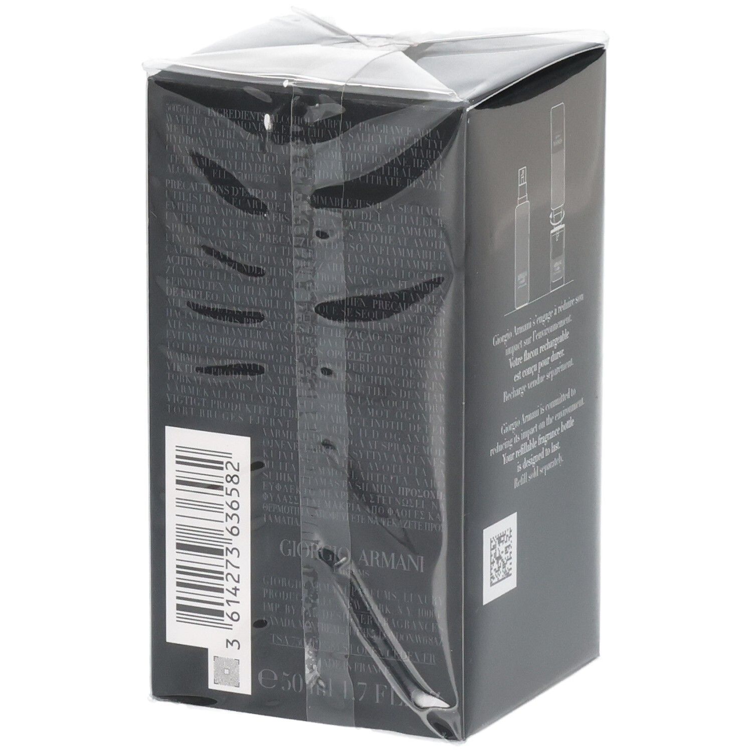 Zijaanzicht van de verpakking van Armani Code Eau de Toilette, met barcode en EAN.