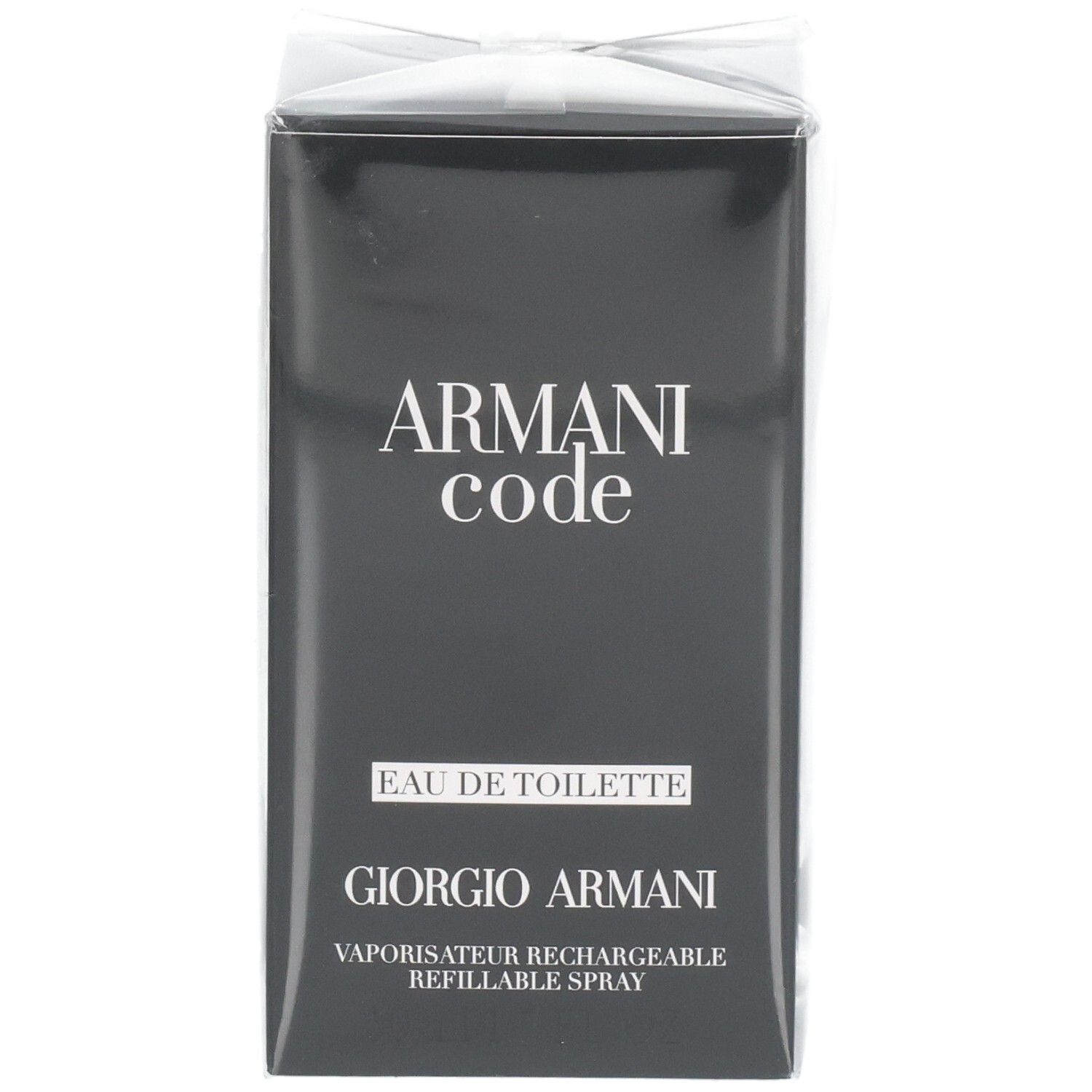 Voorkant van de verpakking van Armani Code Eau de Toilette Vaporisateur Rechargeable.