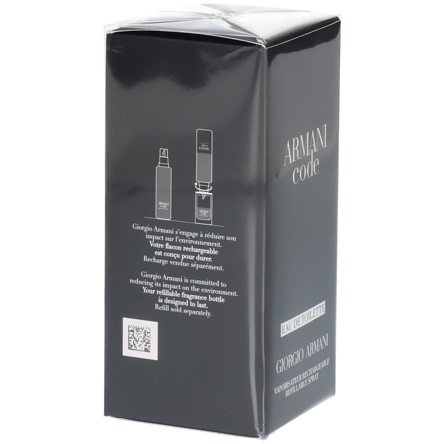 Verpakking voor Armani Code Eau de Toilette met navulinstructies.