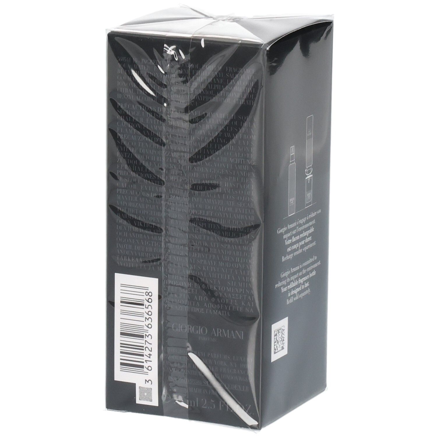Giorgio Armani parfumverpakking, zwart, met barcode en productinformatie.