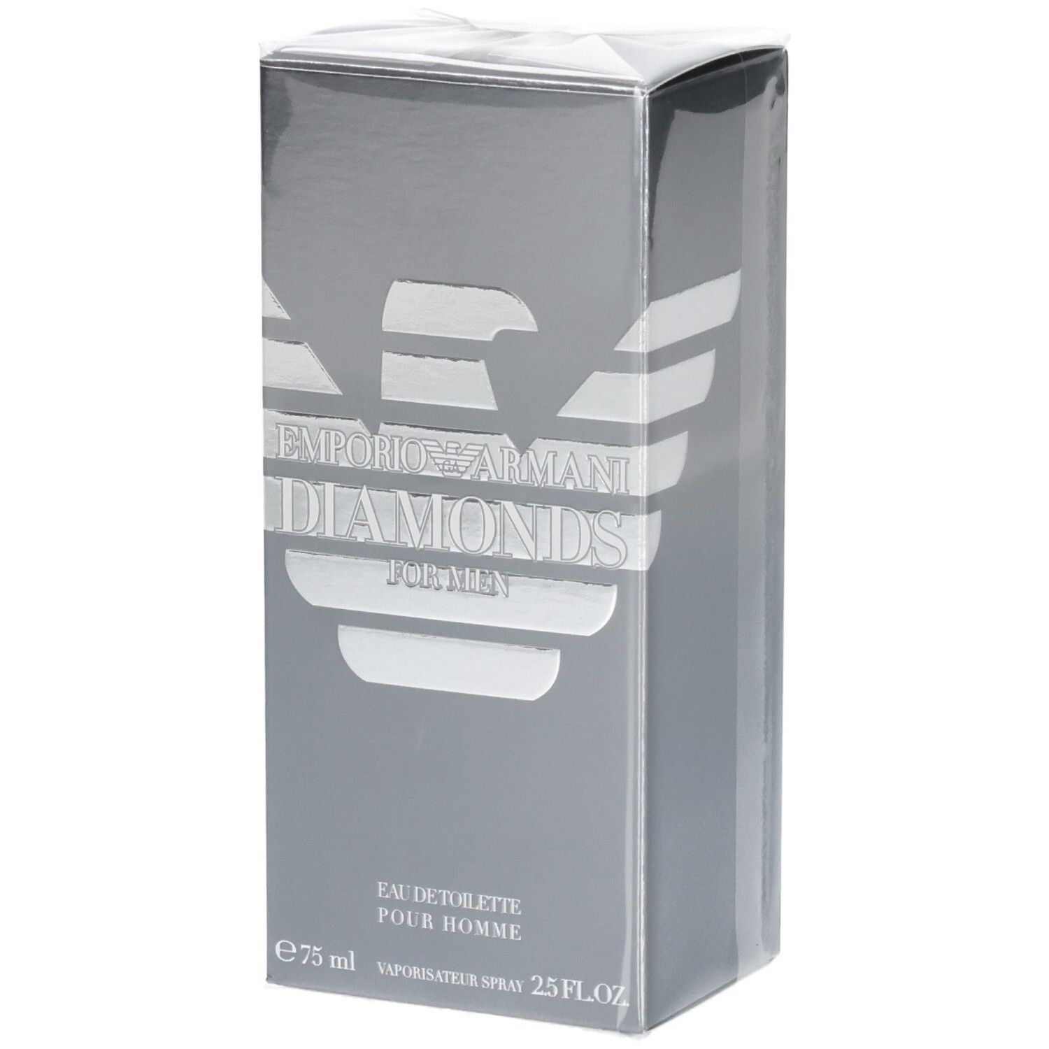 Emballage Giorgio Armani Diamonds for Men Eau de Toilette, argenté avec logo aigle et nom du produit.