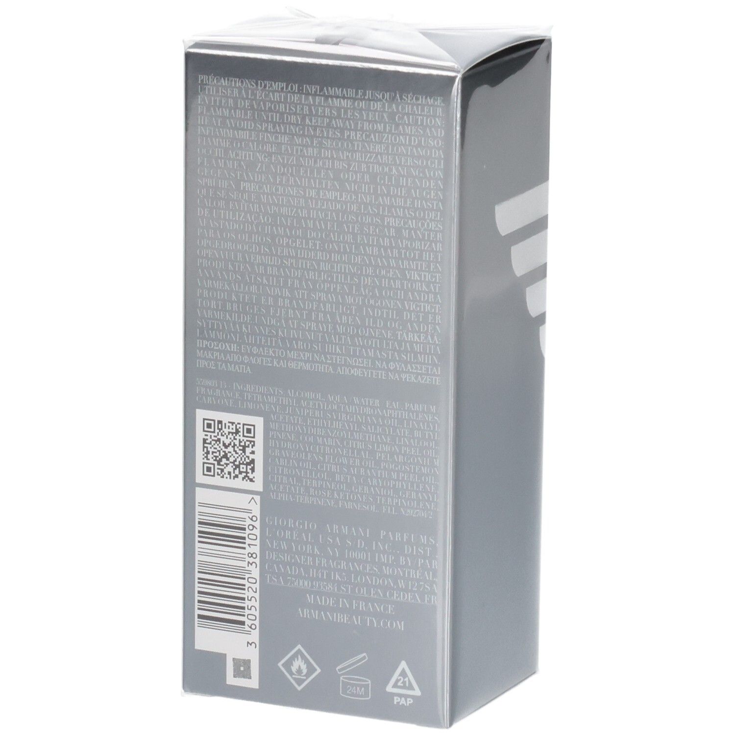 Arrière de l'emballage Giorgio Armani Diamonds for Men Eau de Toilette avec ingrédients et code-barres.