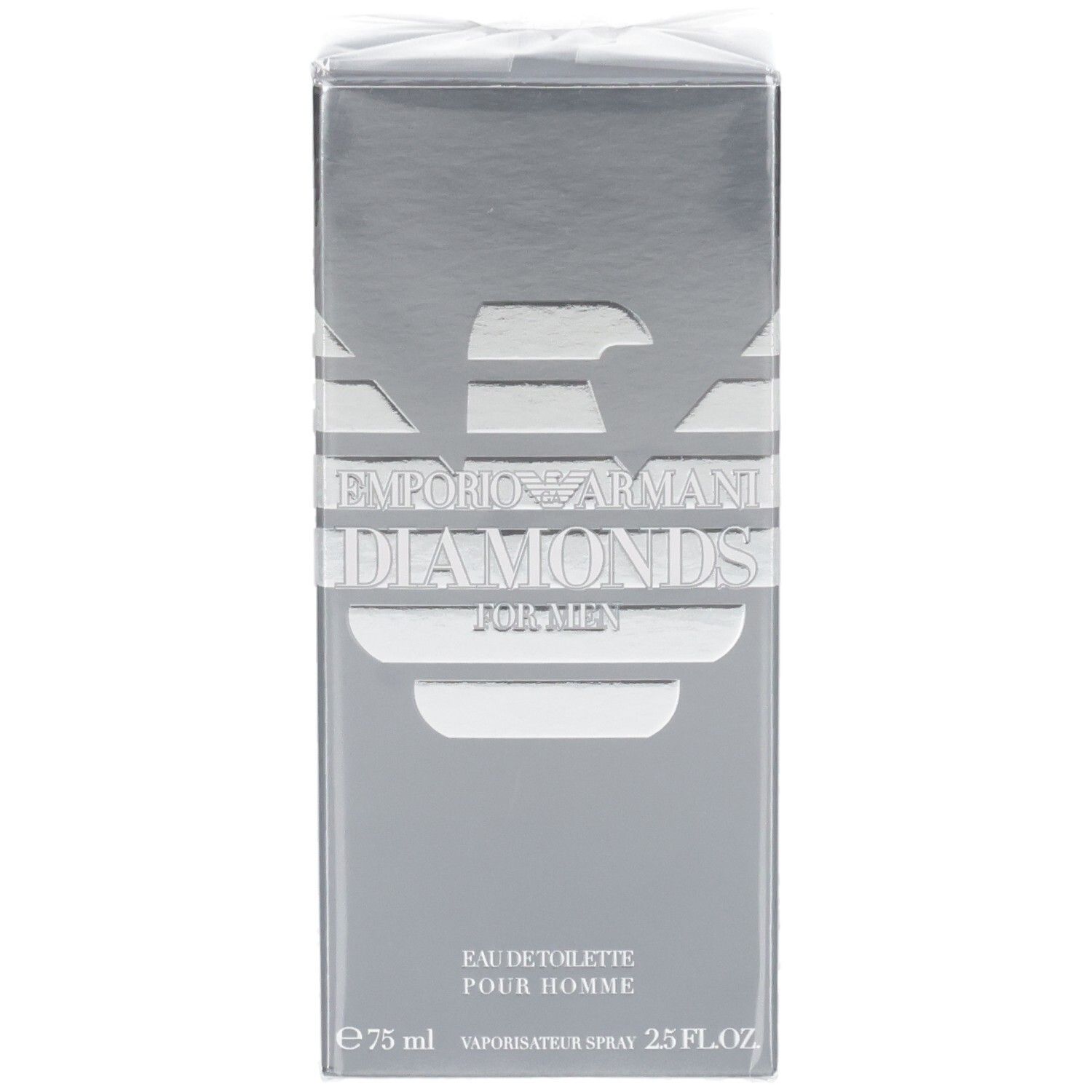 Emballage Giorgio Armani Diamonds for Men Eau de Toilette, argenté avec logo aigle et nom du produit.