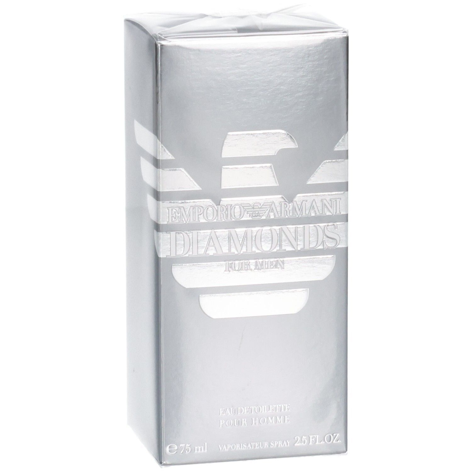 Emballage Giorgio Armani Diamonds for Men Eau de Toilette, argenté avec logo aigle et nom du produit.