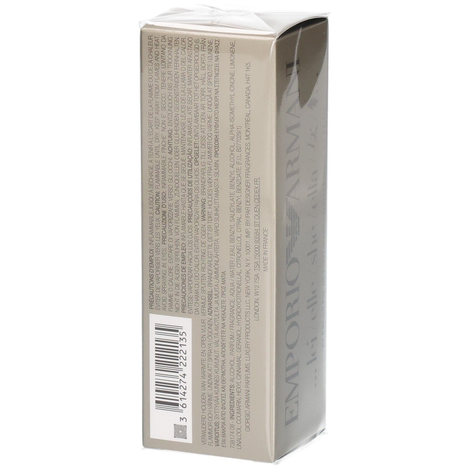 Achterkant van de Giorgio Armani Emporio Armani She Eau de Parfum verpakking met ingrediënten.
